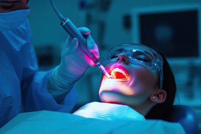 patient lies on his back while the dentist uses a laser for an oral procedure.